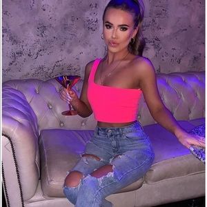 Cropped one shoulder pink shirt